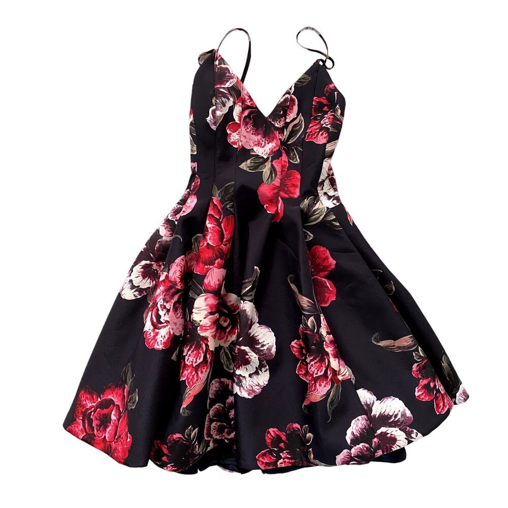 Keepsake V-Neck Backless Floral Spaghetti Strap Mini Dress Black Red S